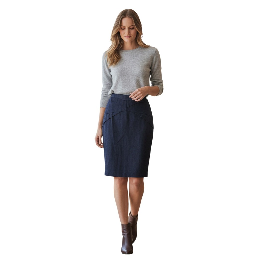 Anthropologie Girls From Savoy Navy Blue Cotton Linen Tulip Pencil Skirt Size S